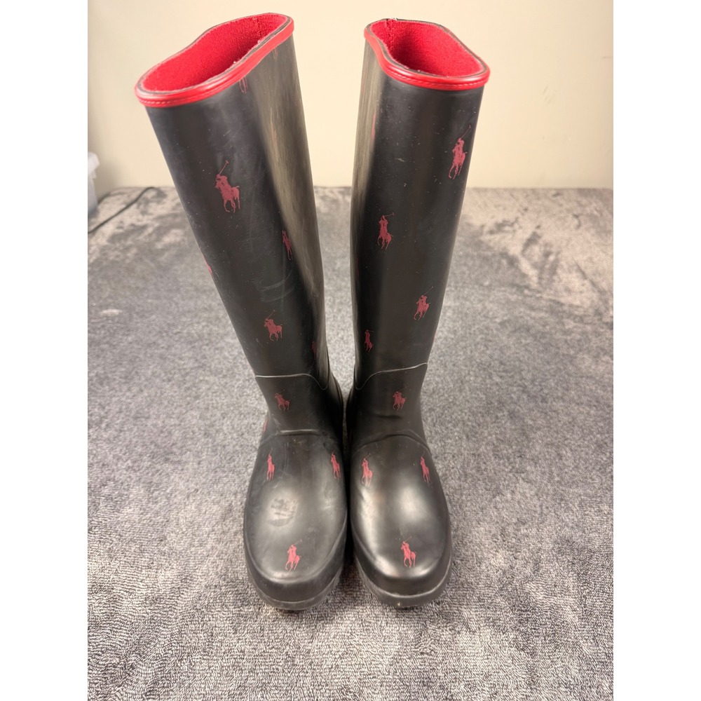 Polo Ralph Lauren Black Red Pony Logo Tall Rubber Rain Boots Mens 7 Womens 9